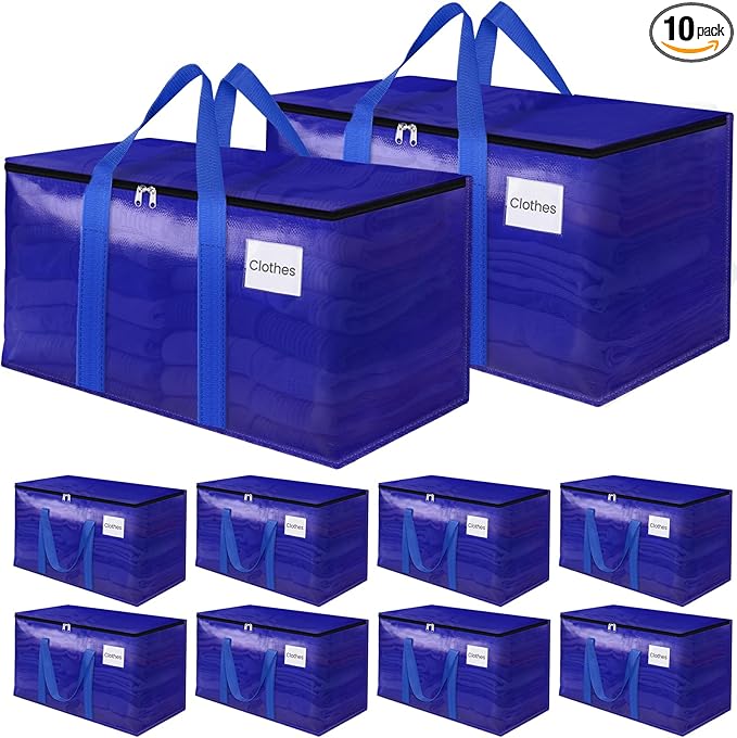 FabSpace 10Pack Moving Storage Bags, Moving Supplies Packing Boxes for Moving, Camping, College Dorm Room Essentials for Girls, Blue Tote Bags, 76L Heavy-Duty Storage Bins With Lids And Zippers