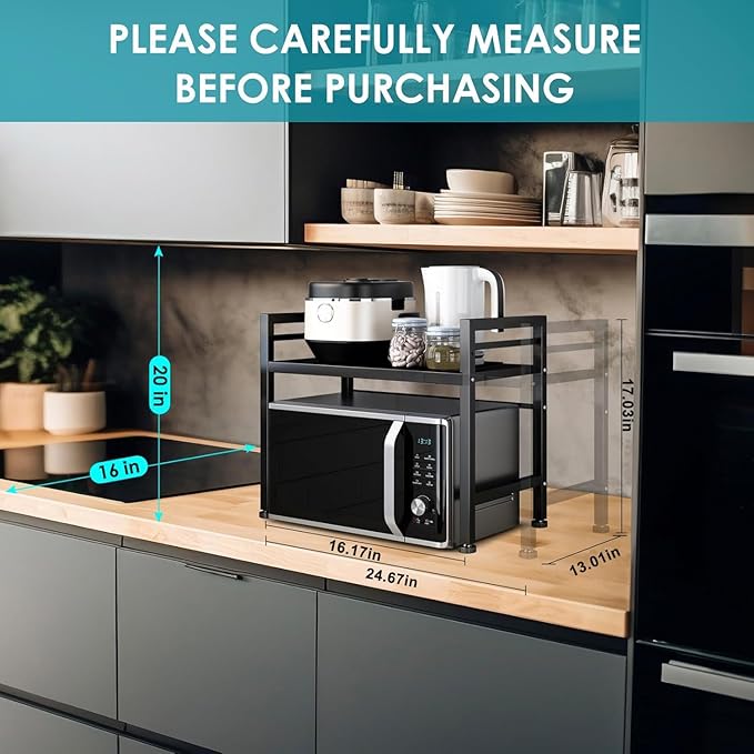 DOLALIKE Microwave Oven Rack, Expandable Microwave Stand Countertop Kitchen Utensils Tableware Storage, Carbon Steel Over Microwave Shelf Countertop with 3 Hooks