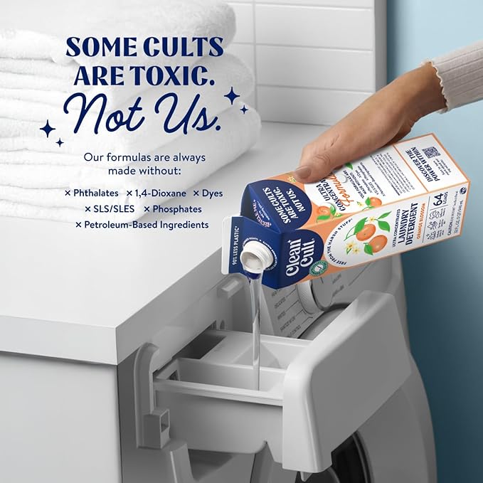 Cleancult Ultra Concentrated Liquid Laundry Detergent, 192 loads (96 oz), Long Lasting Scent, 90% Less Plastic, No Harsh Chemicals, Orange Blossom, Defeats Stains & Odors, HE/Standard Compatible