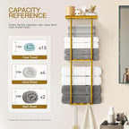 Towel Racks for Bathroom, 3 Tier Metal Towel Holder, with Shelf & 6 Hooks, 29 inch Wall Mounted Towel Storage, 6 Large Bath Towels Capacity,Small Bathroom Towel Rack for Rolled Towels, Gold