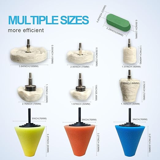 Neeki 12-Pcs Polishing and Buffing Kit, Includes 1/4" Shank Drill Buffing Wheels, Polishing Compound, and Sponge Pads for Metal, Wood, Plastic, and More