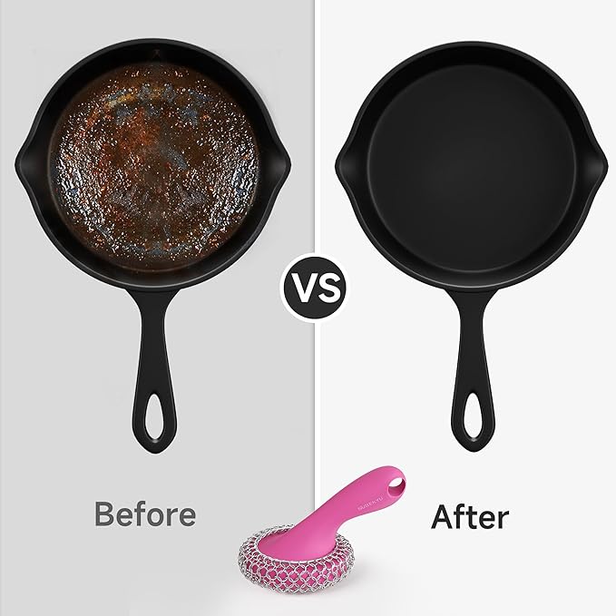 SUBEKYU Cast Iron Scrubber with Silicone Handle, Stainless Steel Skillet Cleaner for Cast Iron Pans (Pink)