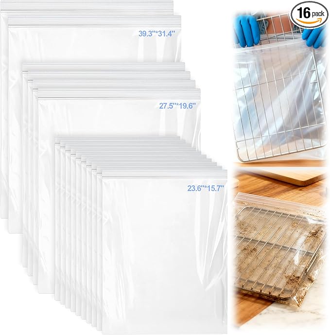 Palksky Oven Rack Cleaning Bags, 3 Sizes Heavy Duty No Scrub Oven Rack Cleaning Bags, Reusable Leak-Resistant PE Bags for Deep Soaking Grill Grates, BBQ Racks, No Cleaner Included, 16 Packs