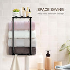 Towel Racks for Bathroom Towel Holder with Shelf & 6 Hooks Wall Mounted Towel Storage Rack for Rolled Towels Organizer, Sturdy Metal Towel Shelf, Black