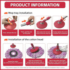 Spin Mop Replacement Handle, 47.6-inch 360 Degrees Rotating Telescopic Replacement Mop Stick with Robust Reinforced Plastic Disc for Spin Mop Bucket Cleaning System (Plastic Disc,Red)