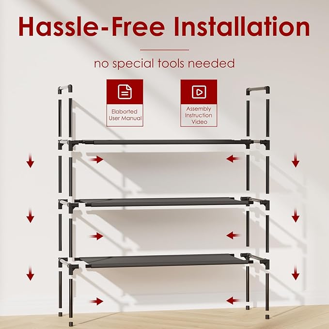 Sakugi Shoe Rack with Non-Woven Fabric - 3-Tier Shoe Organizer for Closet, Garage, Corridor & Entryway, Sturdy and Stackable, X-Large, Black