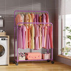 Simple Trending Clothing Clothes Rack Double Rods with Wheels, Rolling Metal Garment Rack for Hanging, Purple