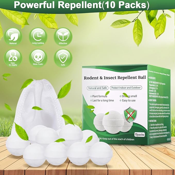 Mouse and Mice Repellent Indoor Outdoor, 10 Packs Moth Balls, Peppermint Balls for Rodent, Long-Lasting Squirrel Repellent, Safe for Human & Pets, Suitable for Home Storage Garage Car RV