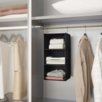 Hanging Closet Organizer - 3-Shelf, Easy Mount Foldable Wardrobe Storage Shelves for Clothes, Handbags, Shoes & Accessories - Washable Oxford Cloth Fabric, Black