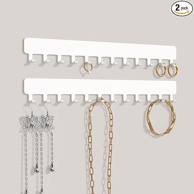 Bussdis Necklace Holder - Hanging Jewelry Organizer, Self-Adhesive, Wall Mount, 2 Pack, White