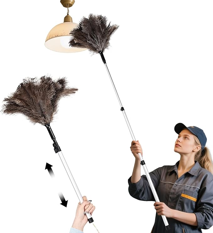 Extendable Ostrich Feather Duster up to 25-49 inches Fluffy Feathers Long Handle Reusable for Cleaning Ceiling Fan Pendant lamp Feather Duster 1pcs