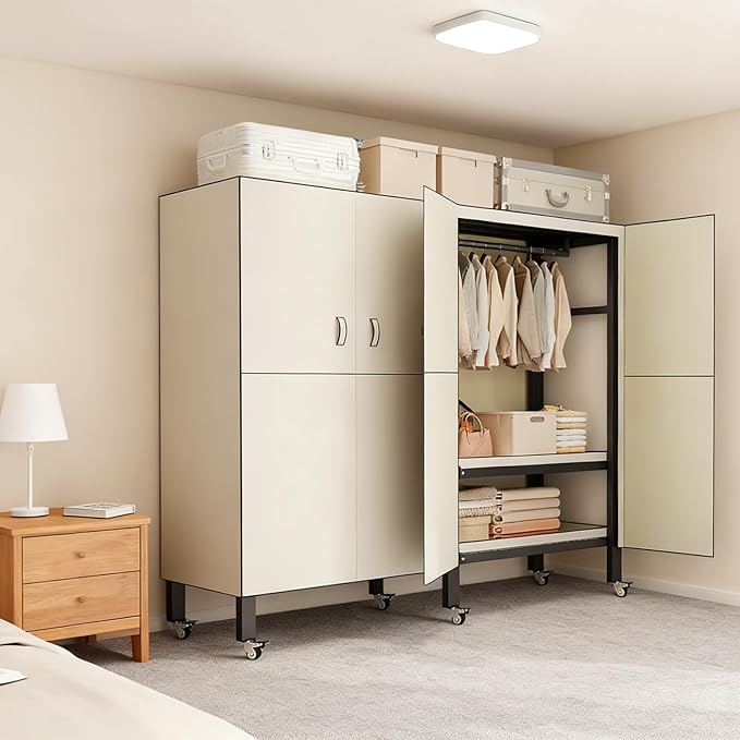 Foldable Portable Armoire Wardrobe Closet for Hanging Clothes Rack, Heavy Duty Covered Clothes Rack with Cover(HARDBOARD Magnetic), Closet Garment Rack for Bedroom Storage (KT Off-white, 49.21in)