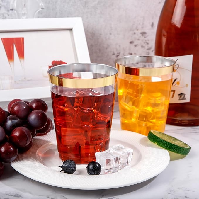 DaYammi 200 Pack Gold Plastic Cups 10 Oz Clear Plastic Cups Gold Rimmed Disposable Wine Glasses Heavy Duty Disposable Tumblers Drinking Cocktail Glasses for Party Wedding