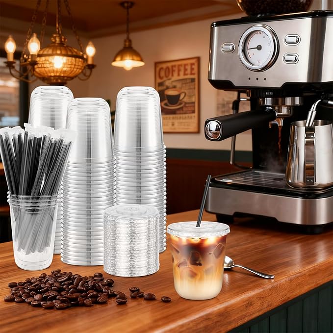 100 Pack 12 oz Clear Plastic Cups with Flat Lids and Straws, Disposable Iced Coffee To Go Cups, Plastic Smoothie Cold Drink Cup for Party, Picnic, Travel