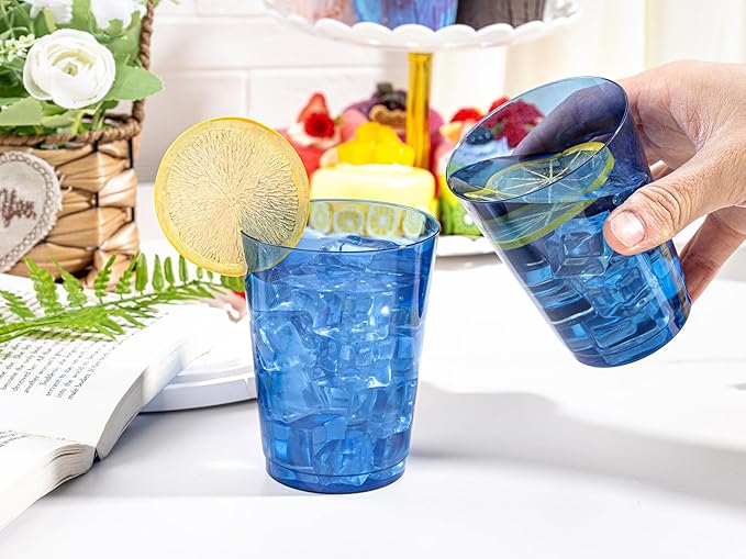 DaYammi 100 Pack Clear Blue Plastic Cups 10 Oz, Blue Cups for Party Disposable Wine Glasses Heavy Duty Disposable Tumblers Drinking Cocktail Glasses for Wedding