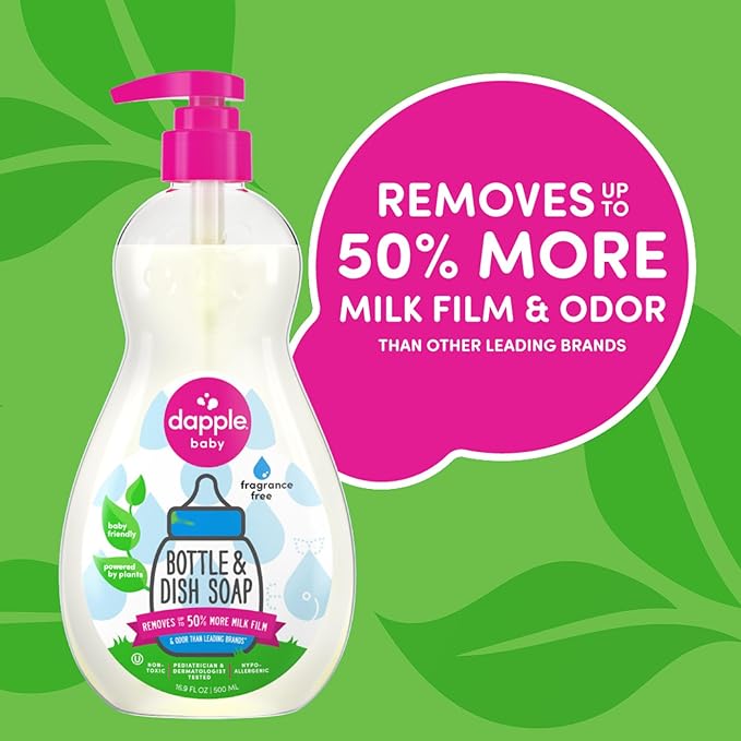 Dapple Baby Bottle Soap, Hypoallergenic Dish Soap for Baby Bottles, Powered by Plants, 1 Pump Included, Packaging May Vary, Fragrance Free, 16.9 Fl Oz (Pack of 3)