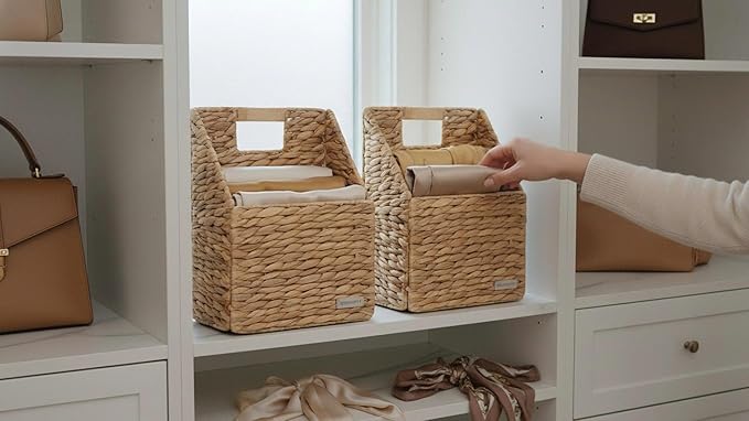 Wicker Hanging Storage Basket (10,5"Lx6,5"Wx13"H), Set of 2 Wall Baskets, Water Hyacinth Baskets, Wall Decor Hyacinth Basket Hanging for Organizing Files, Mails, Books, Accessories