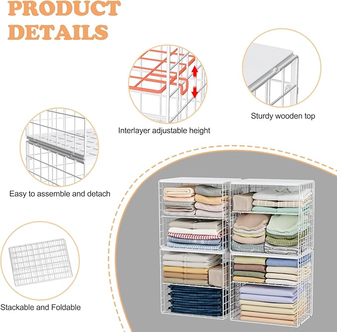 4-Tier Stackable Closet Organizers and Storage Shelves, Closet Storage Basket with Wood Tops, Adjustable Height Dividers Closet Storage Bins for Home Closet Organizer System, White