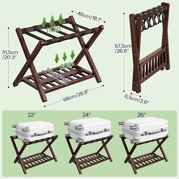 HOOBRO Luggage Rack, Bamboo Suitcase Stand, Folding Luggage Holder, Nylon Strap Support Top, for Guest Room, Hotel, Bedroom, Closet, Dark Brown BR18XL01