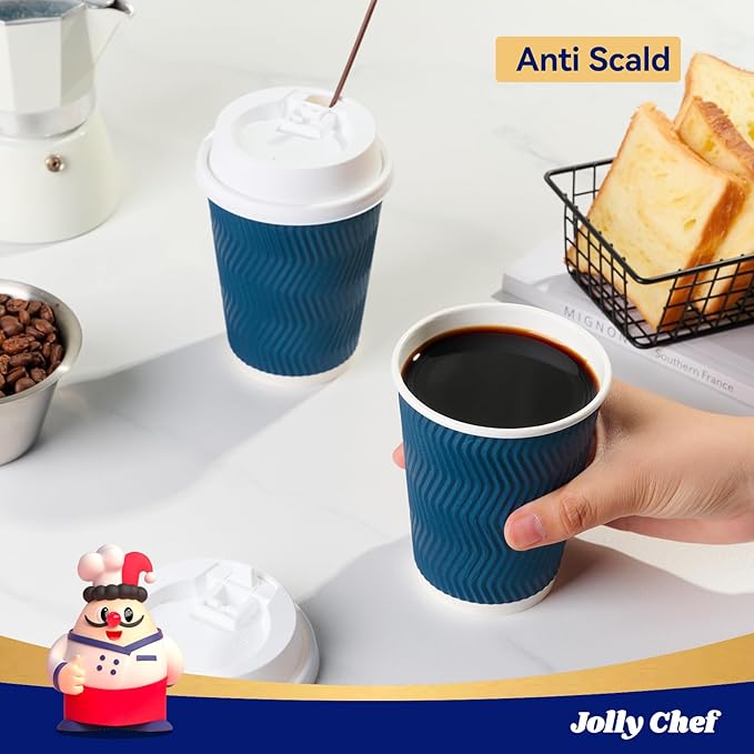 JOLLY CHEF 100 Pack Disposable Coffee Cups, 12oz To Go Paper Coffee Cups with Lids and Stirrers for Hot Beverage