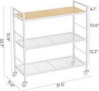 3-Tier Metal Storage Rack with Industrial Wheels,Mesh Shelving Unit with Wooden Table top,Adjustable Shelf,31.5-Inch Width, for Kitchen, Laundry,Pantry,Plant,Oak panel and white frame