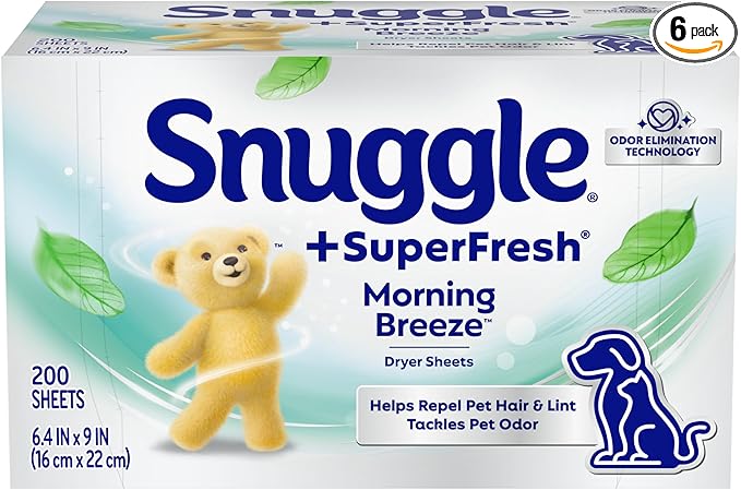 Snuggle Plus SuperFresh Fabric Softener Dryer Sheets with Static Control and Odor Eliminating Technology, Original, 200 Count (Pack of 6)