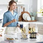 Utensil Holder for Kitchen Counter, Small Stainless Steel Cutlery Holder Organizer with Drying Diatomaceous Earth Base, 2 Slots Utensil Drying Rack Spoon Fork Organizer Crock Storage, Sliver