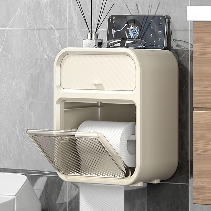 Wall-Mounted Tissue Box – Plastic Bathroom Toilet Paper Holder with Phone Shelf