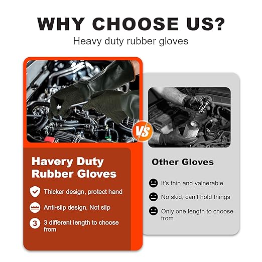 North Tower Heavy Duty Rubber Gloves, Industrial Gloves Waterproof Reusable Protective Work for Cleaning, Dishwashing, Upgraded with Non-Slip Design, Black(22in,1pair)