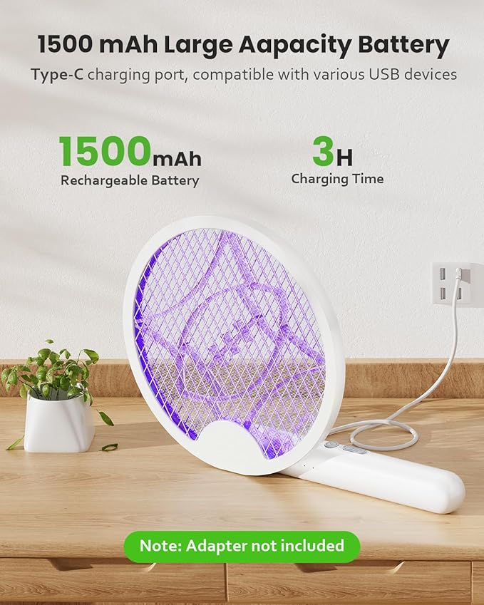 Electric Fly Swatter Racket, Foldable 2 in 1 Bug Zapper with Purple Trap Lamp, 4000V & 1500mAh Powerful Mosquito Trap Killer with Type-C Rechargeable for Indoor Home Office Patio Camp(1 Pack)