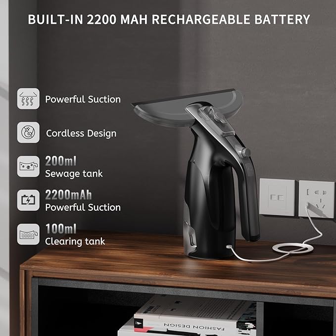 Window Vacuum Squeegee Cordless, Window Vac with Detachable Water Tank and Strong Suction, Electric Window Cleaning Tool for Shower Wall, Glass, Mirror, Countertop, Tiles, Car Windshield