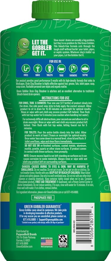 Green Gobbler Drain Clog Dissolver, Drain Opener-Cleaner ,Toilet Clog Remover, 31 oz
