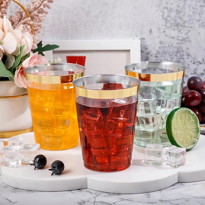 DaYammi 200 Pack Gold Plastic Cups 10 Oz Clear Plastic Cups Gold Rimmed Disposable Wine Glasses Heavy Duty Disposable Tumblers Drinking Cocktail Glasses for Party Wedding