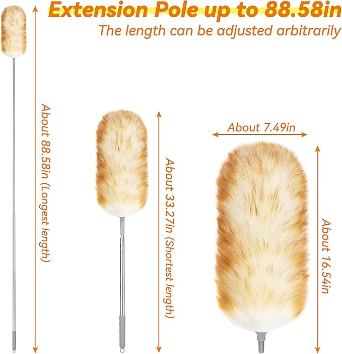 Lambswool Duster with Extension Pole up to 88.58 in, Natural Feather Dusters Long Handle Stainless Steel, Fluffy Feather Duster for Cleaning High Floor Ceiling Fans, Window Blinds Shelves, Furniture