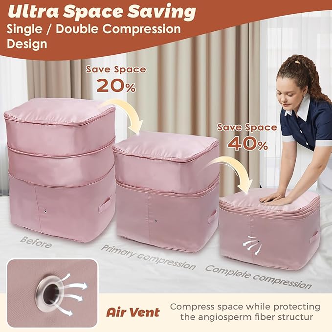 Ultra Space Saving Self Compression Organizers, Double Zipper Compression Packing Cubes for Bedding, Comforter Storage Bag for Blankets Duvet Quilts Pillows Queen King (Pink, X-Large)