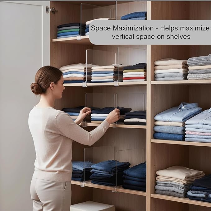 HIGH & SKY 8 Pack Acrylic Shelf Dividers for Closet Organization – Clear Adjustable Closet Shelf Separators for Clothes, Handbags & Towels – Durable Acrylic Shelf Dividers for Neat Shelves & Storage