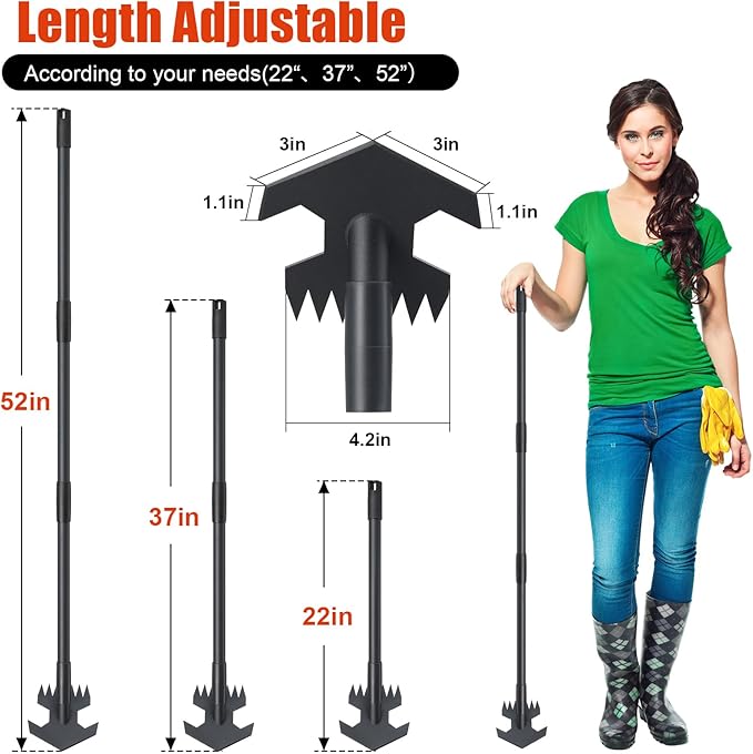 Hoe Garden Tool, Weeding Hoe Cultivator Long Handle 52", Heavy Duty Steel Scuffle Hoe for Lawn Yard Garden, Adjustable Rocket Shaped Weed Remover with Sharp Blade