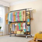 Heavy Duty Clothes Rack Load 1060LBS, Four Rods Rolling Clothing Racks for Hanging Clothes, Rolling Garment Rack With Sturdy Wheels Shelves Hooks, Portable & Adjustable Commercial Garment Rack, Black