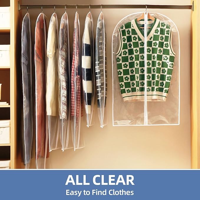 40" All Clear Garment Bags for Hanging Clothes, 5 Packs Suit Bags for Closet Storage, Plastic Waterproof Suit Cover Bags with Zipper for Coats, Jackets, Shirts (Set of 5)