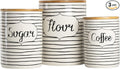 10 Strawberry Street Labeled Ceramic Kitchen Canister Set, Set of 3, Coffee Sugar Flour, White/Black, Bamboo Lids
