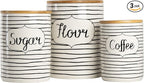 10 Strawberry Street Labeled Ceramic Kitchen Canister Set, Set of 3, Coffee Sugar Flour, White/Black, Bamboo Lids