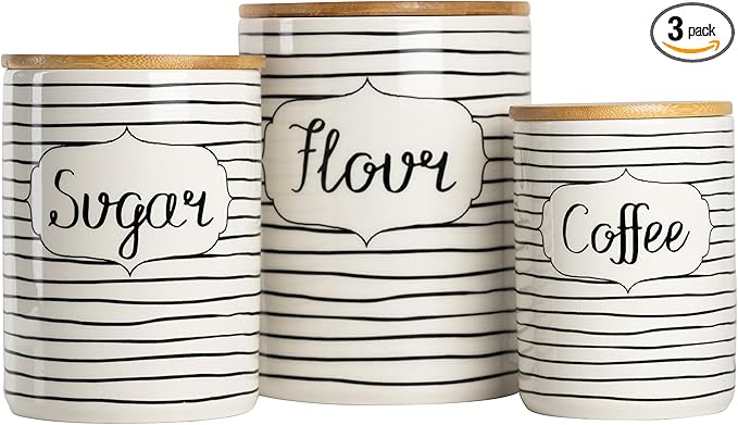 10 Strawberry Street Labeled Ceramic Kitchen Canister Set, Set of 3, Coffee Sugar Flour, White/Black, Bamboo Lids
