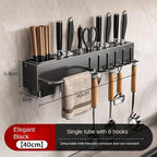 New Multi-Functional Kitchen Rack Home Wall-Mounted Knives Chopstick and Spoon Storage Rack Punch-Free cookware draining Rack, 30, Gray