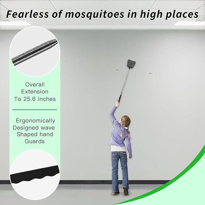 MysticHome Fly Swatter 2 Pack, Durable Heavy Duty Plastic Fly Swatters, Stainless Steel Telescopic FlySwatter for Indoors/Outdoor/Kitchen/Garden (Black+Black)