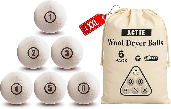 Wool Dryer Balls Laundry, XXL(3.1") 6 Pack, Premium Fabric Softener Ball, Reusable, Anti Static, Chemical Free Natural Wool Balls for Dryer, Laundry Dryer Balls – 100% New Zealand Wool