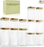 LIBWYS 12-Pack Glass Pantry Storage Containers with Bamboo Lids (0.76Qt/1.22Qt/1.67Qt) - Stackable Square Food Jars for Pantry Organization, Coffee, Flour, Snacks, Tea | Kitchen Canisters Set