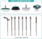 Broom with Dustpan Combo Set, Silicone Broom Squeegee and Scrub Brush Set with Long Adjustable Handle for Indoor & Outdoor Sweeping and Scrubbing, Ideal for Pet Hair, Liquids and Dirt
