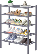 ROMGUAR CRAFT 5 Tier Bamboo Shoe Rack for Closet Free Standing Wood Shoe Shelf for Entryway Small Space Stackable 27"x11"x33" (Grey)
