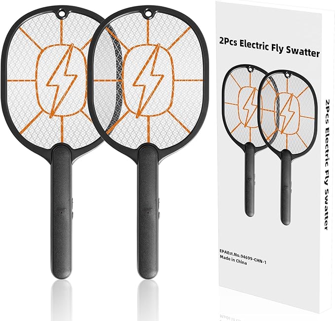 2 Pack Electric Fly Swatter 3000V Battery Powered Handheld Bug Zapper Racket 3-Layer Protection Grid Mosquito Zapper for Home Bedroom Kitchen Office Backyard Patio Indoor Outdoor