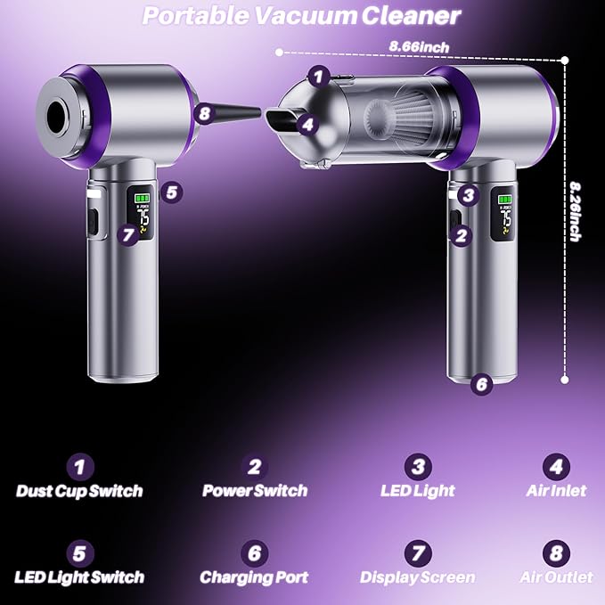 Car Vacuum Cleaner Portable, 22000PA High Power Handheld Vacuum Cordless with Brushless Motor & LED Light, Small Vacuum for Car, Home, Pet, Office